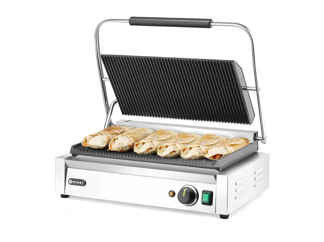 Kontakt panini grill XL, bordázott sütőlapok, 2,7 kW | HENDI 263624