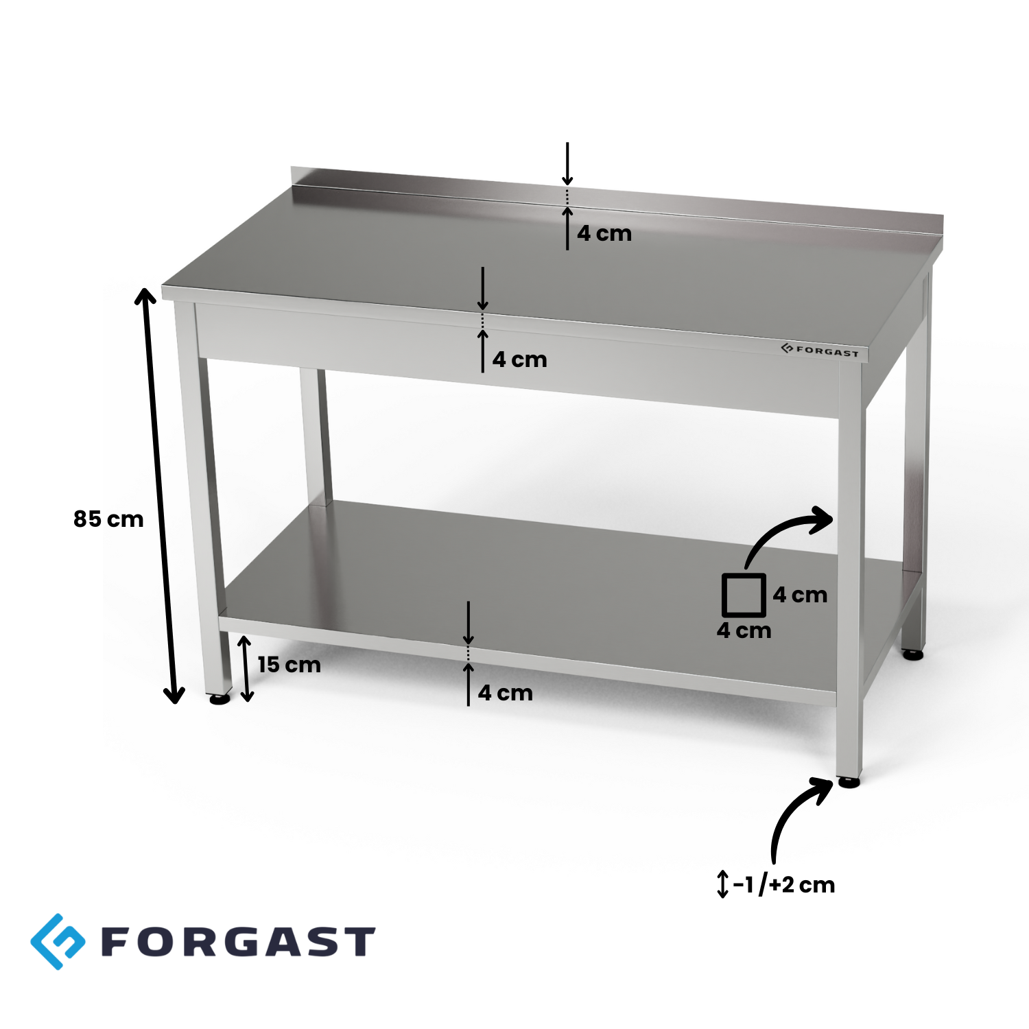 Rozsdamentes munkaasztal polccal 60x60x85 cm | FORGAST
