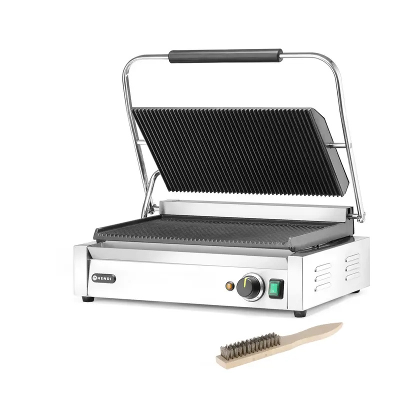 Kontakt panini grill XL, bordázott sütőlapok, 2,7 kW | HENDI 263624