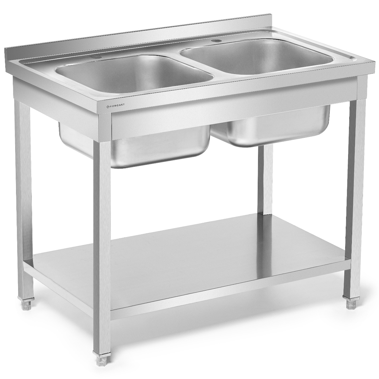 Rozsdamentes acél asztal 2 medencés mosogatóval, polccal 100x60x85, csavarozott | FORGAST FG15339