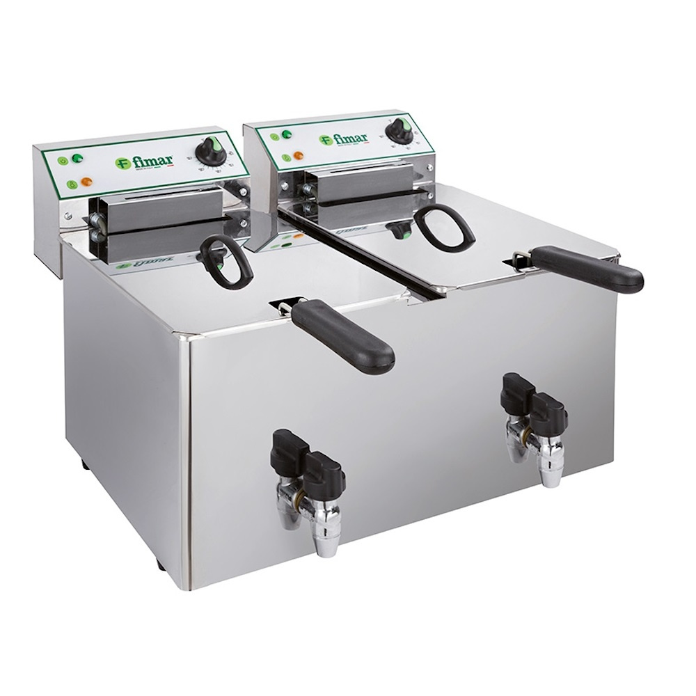 Elektromos 2 medencés olajsütő leeresztőcsappal, 2x10 l, 12 kW, 400 V | FIMAR FR1010RN