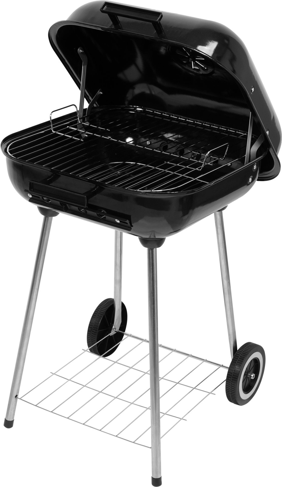 Faszenes grill kerekes állvánnyal, fedéllel, 40x45 cm-es sütőrács | LUND 99904