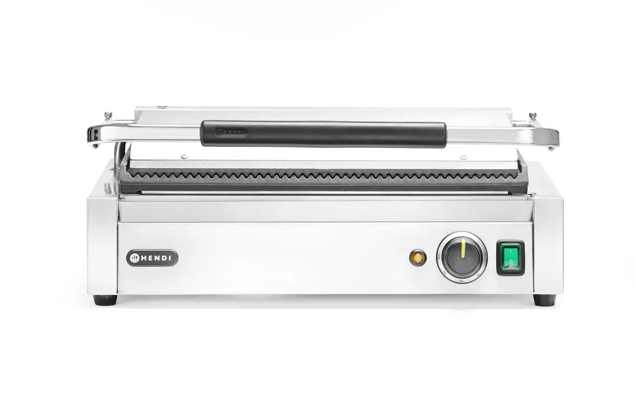 Kontakt panini grill XL, bordázott sütőlapok, 2,7 kW | HENDI 263624