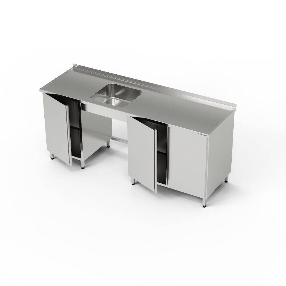 Rozsdamentes acél asztal 1 medencés mosogatóval és 2 szekrénnyel 200x70x85 cm | FORGAST