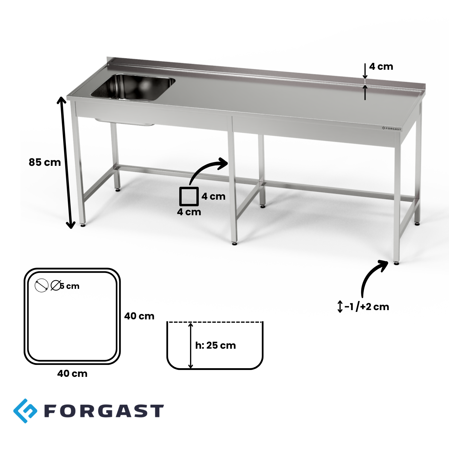 Rozsdamentes acél asztal 1 medencés mosogatóval 280x70x85 cm | FORGAST