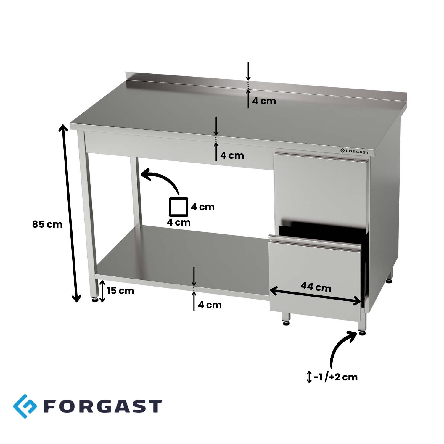 Rozsdamentes munkaasztal fiókos blokkallal és alsó polccal 170x60 cm | FORGAST