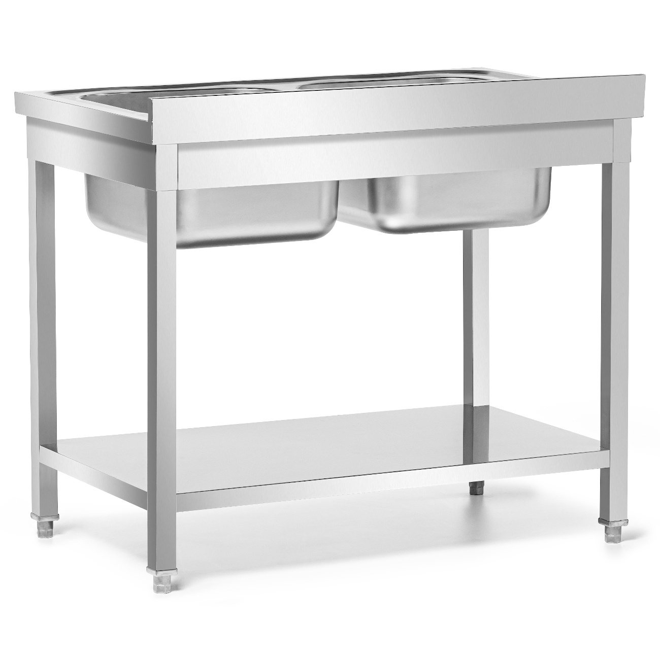Rozsdamentes acél asztal 2 medencés mosogatóval, polccal 100x60x85, csavarozott | FORGAST FG15339