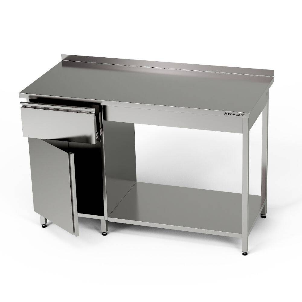 Rozsdamentes munkaasztal szekrénnyel, fiókkal és polccal 130x70x85 cm | FORGAST