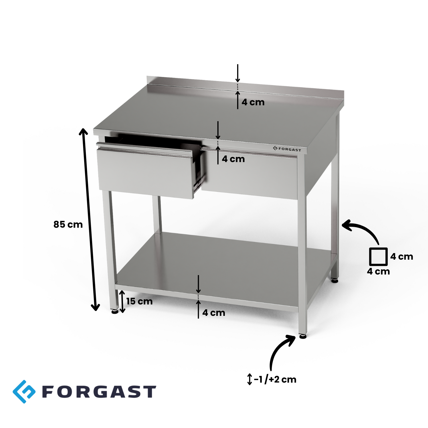 Rozsdamentes munkaasztal fiókokkal és alsó polccal 100x60x85 cm | FORGAST