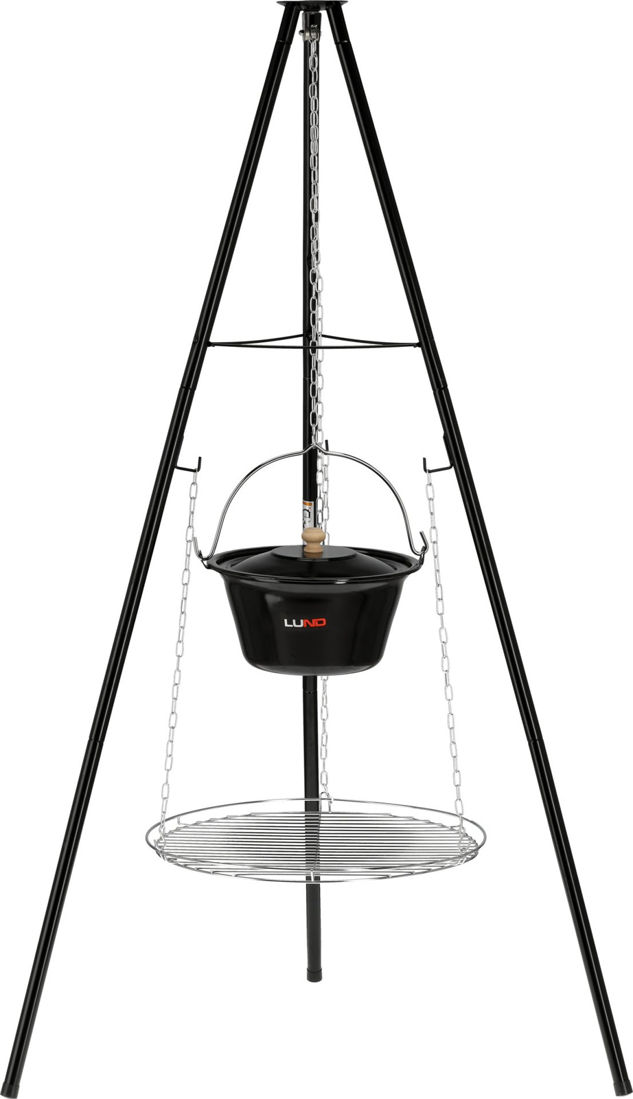 Faszén grill bográccsal, háromlábú állványon, 49 cm átmérőjű ráccsal | LUND 99933