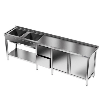 Rozsdamentes acél asztal 2 medencés mosogatóval 220x60x85 cm | FORGAST