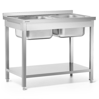 Rozsdamentes acél asztal 2 medencés mosogatóval, polccal 100x60x85, csavarozott | FORGAST FG15339