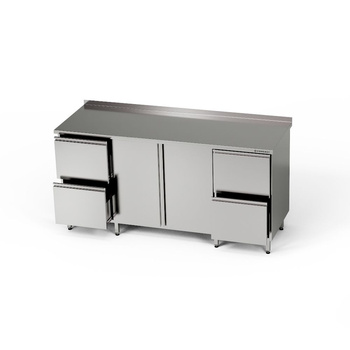 Rozsdamentes munkasztal szekrénnyel és 2 db 2 fiókos modullal, 220x70x85 cm | FORGAST