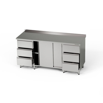 Rozsdamentes munkasztal szekrénnyel és 2 darab 3 fiókos blokkal 250x70x85 cm | FORGAST