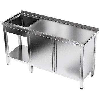Rozsdamentes asztal 1 medencés mosogatóval és szekrénnyel 260x60x85 cm | FORGAST