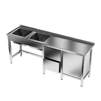 Rozsdamentes asztal 2 medencés mosogatóval 230x60x85 cm | FORGAST