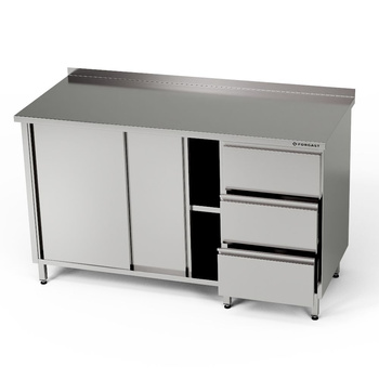 Rozsdamentes munkaasztal szekrénnyel és 3 fiókos blokkal 210x60x85 cm | FORGAST