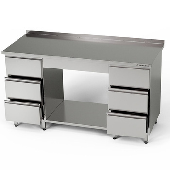Rozsdamentes munkasztal 2 db 3 fiókos blokkal és polccal 260x60x85 cm | FORGAST