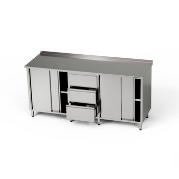 Rozsdamentes munkasztal 2 szekrénnyel és 3 fiókos blokkal 220x60x85 cm | FORGAST