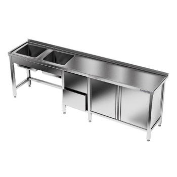 Rozsdamentes acél asztal 2 medencés mosogatóval 230x60x85 cm | FORGAST