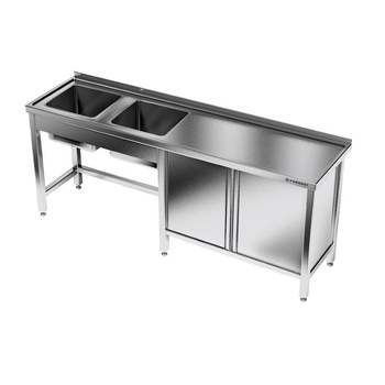 Rozsdamentes acél asztal 2 medencés mosogatóval 210x70x85 cm | FORGAST