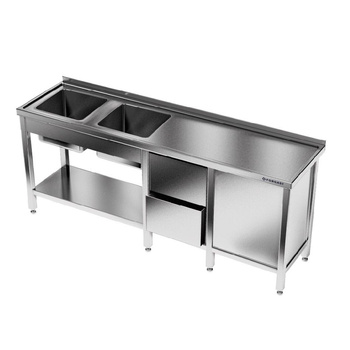 Rozsdamentes acél asztal 2 medencés mosogatóval 240x70x85 cm | FORGAST