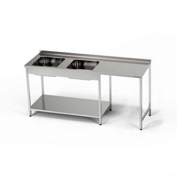 Rozsdamentes acél asztal 2 medencés mosogatóval és mosogatógép számára kialakított hellyel 210x60x85 cm | FORGAST