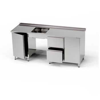 Rozsdamentes acél asztal 1 medencés mosogatóval, szekrénnyel, fiókblokkal és szekrénnyel 250x70x85 cm | FORGAST